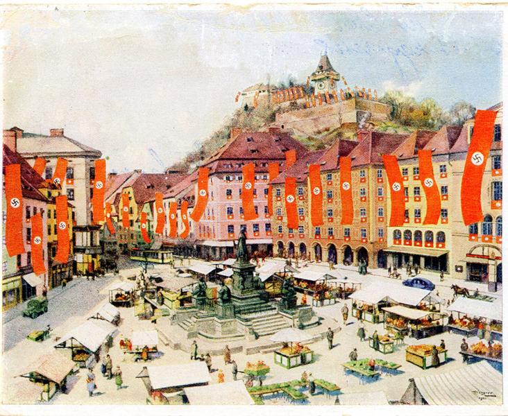 03 Bild Gemälde Geschenk an Adolf Hitler Hauptplatz beflaggt mit NS Fahnen C Sammlung Karl Kubinzky